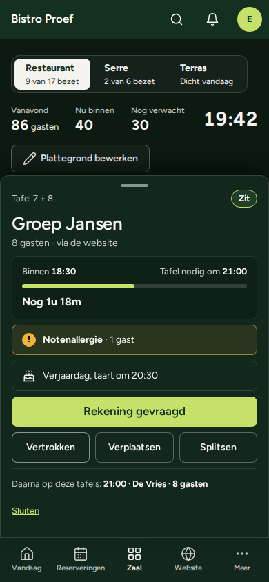 Het zaalscherm op de telefoon: groep Jansen aan tafel 7 en 8, hoe lang ze nog zitten, een notenallergie, een verjaardag en de knoppen Rekening gevraagd, Vertrokken, Verplaatsen en Splitsen.